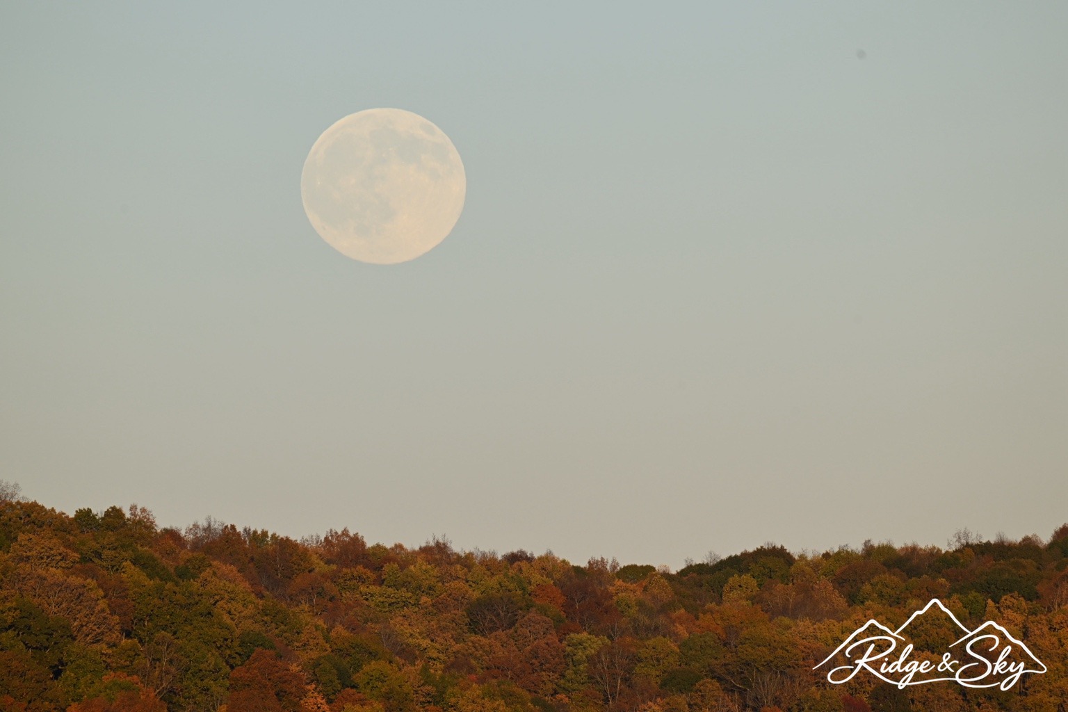 Hunter’s Moon above an autumn-colored ridge at Grandview Overlook, photographed by Ed Wagner, with the official Ridge & Sky signature watermark